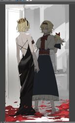 Rule 34 | 2girls, alice margatroid, bare back, black dress, black hairband, blonde hair, blue dress, bow, capelet, crown, dress, frilled capelet, frilled dress, frilled hairband, frills, hairband, hand puppet, kaoru (alicemakoto), looking at mirror, mirror, monochrome background, multiple girls, puppet, red bow, red hairband, short hair, touhou, white capelet, white footwear