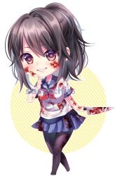 Rule 34 | 1girl, arm at side, artist name, ayano aishi, black hair, black thighhighs, blood, blood on clothes, blood on face, bloody knife, blue sailor collar, blue skirt, blush, bright pupils, chibi, chibi only, finger to own chin, full body, grin, hair between eyes, heart, heart-shaped pupils, highres, holding, holding knife, index finger raised, kitchen knife, knife, looking at viewer, medium hair, miniskirt, neckerchief, pantyhose, pink pupils, ponytail, purple eyes, red neckerchief, sailor collar, sasucchi95, school uniform, shirt, skirt, smile, solo, striped background, symbol-shaped pupils, thighhighs, transparent background, walking, white shirt, yandere simulator, yellow background