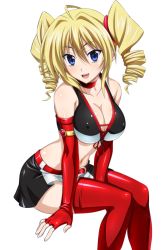 Rule 34 | 10s, 1girl, belt, blonde hair, blue eyes, breasts, cleavage, covered erect nipples, drill hair, extraction, fingerless gloves, gloves, hair ornament, high school dxd, large breasts, long hair, long legs, looking at viewer, open mouth, ravel phenex, red gloves, red thighhighs, skirt, solo, thighhighs, transparent background