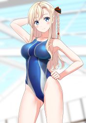 Rule 34 | 1girl, absurdres, blonde hair, blue eyes, blue one-piece swimsuit, blurry, braid, breasts, commentary request, competition swimsuit, cowboy shot, depth of field, hand on own hip, high school fleet, highleg, highleg swimsuit, highres, indoors, large breasts, long hair, looking at viewer, one-piece swimsuit, single braid, solo, standing, swimsuit, takafumi, wilhelmina braunschweig ingenohl friedeburg