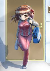 Rule 34 | 1girl, absurdres, bad id, bad twitter id, bag, blush, brown eyes, brown hair, carrying, closed mouth, clothes writing, commentary, cross-laced footwear, daxz240r, day, door, emblem, full body, girls und panzer, gym uniform, headband, highres, jacket, kondou taeko, leg up, light blush, long sleeves, looking at viewer, medium hair, ooarai (emblem), outdoors, pants, putting on shoes, raglan sleeves, red headband, school bag, shadow, shoes, single vertical stripe, smile, sneakers, solo, standing, standing on one leg, track jacket, track pants, translation request, white footwear