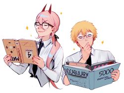 Rule 34 | 1boy, 1girl, bespectacled, black-framed eyewear, black necktie, blonde hair, book, chainsaw man, closed eyes, collared shirt, cropped torso, demon horns, denji (chainsaw man), fang, fang out, glasses, hair between eyes, hair ribbon, hand on own chin, hand up, holding, holding book, horns, lavelis, long hair, long sleeves, looking down, low ponytail, magazine (object), nail polish, necktie, pink hair, pornography, power (chainsaw man), red horns, red nails, ribbon, round eyewear, shirt, short hair, simple background, smirk, smug, sparkle, upper body, upside-down book, white background, white shirt, yellow eyes, you&#039;re doing it wrong