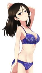 Rule 34 | 1girl, black hair, blue bra, blue eyes, blue panties, blush, bra, breasts, collarbone, commission, floral print, girls und panzer, hair between eyes, kayabakoro, large breasts, lingerie, long hair, looking at viewer, nonna (girls und panzer), panties, parted lips, pixiv commission, simple background, solo, standing, underwear, underwear only, white background