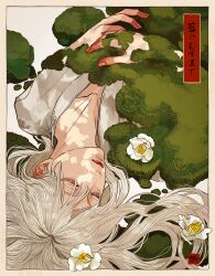 Rule 34 | 1boy, absurdres, border, closed eyes, closed mouth, dappled sunlight, fingernails, flower, growing out of body, hair spread out, highres, kagoya1219, long hair, lying, male focus, moss, on back, original, shirt, signature, solo, sunlight, white flower, white hair, white shirt