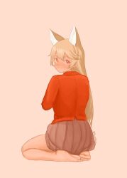 1girl animal_ear_fluff animal_ears barefoot blazer ezo_red_fox_(kemono_friends) fox_ears fox_girl jacket kemono_friends long_hair looking_at_viewer looking_back payetvore pleated_skirt seiza simple_background sitting skirt