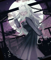 Rule 34 | 1girl, ^ ^, black dress, chain, city, city lights, cityscape, closed eyes, cookie run, dress, fence, full moon, happy, hime cut, humanization, long hair, mamimumemo, moon, night, night sky, personification, sky, smile, solo, source request, waving, white ghost cookie, white hair