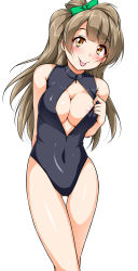 Rule 34 | 10s, 1girl, areola slip, bare shoulders, blush, bow, breasts, brown eyes, brown hair, cleavage, cleavage cutout, clothing cutout, cowboy shot, female focus, front zipper swimsuit, gluteal fold, hair bow, highres, large breasts, long hair, looking at viewer, love live!, love live! school idol project, meme attire, minami kotori, one-piece swimsuit, simple background, smile, solo, swimsuit, tjk, tongue, tongue out, yopparai oni