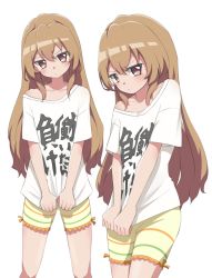 Rule 34 | 1girl, absurdres, aisaka taiga, blush, brown eyes, brown hair, clothes writing, commentary request, cosplay, cowboy shot, futaba anzu, futaba anzu (cosplay), hair between eyes, highres, long hair, looking at viewer, looking to the side, mooramango, multicolored clothes, multicolored shorts, multiple views, pout, shirt, shirt tug, shorts, simple background, standing, text print, toradora!, white background, white shirt