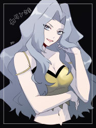Rule 34 | 1girl, breasts, cleavage, commentary request, creatures (company), eyelashes, framed, game freak, grey eyes, grey hair, hand up, highres, karen (pokemon), long hair, looking at viewer, navel, nintendo, open mouth, pokemon, pokemon hgss, shirt, smile, solo, tongue, wavy hair, yellow shirt, yori (ito haruki)