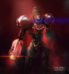 Rule 34 | 1girl, anabel martinez, angry, arm cannon, armor, blonde hair, bodysuit, crossover, epic, glowing, lips, mass effect (series), mass effect 1, mecha, metroid, nintendo, pauldrons, ponytail, power armor, power suit, robot, samus aran, serious, shoulder armor, signature, solo, voice actor connection, weapon