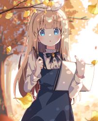Rule 34 | 1girl, alice (alice in wonderland), alice in wonderland, autumn, blonde hair, blue bow, blue bowtie, blue dress, blue eyes, blunt bangs, blurry, blurry background, blush, bow, bowtie, center frills, commentary, dot nose, dress, frills, ginkgo leaf, hair bow, highres, holding, holding pencil, holding sketchbook, leaf, long hair, long sleeves, looking at viewer, open mouth, original, outdoors, parted lips, pencil, pinafore dress, shirt, sketchbook, sleeveless dress, tree, upper body, white bow, white shirt, zoirun