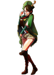 Rule 34 | 1girl, adjusting eyewear, black thighhighs, book, boots, breasts, brown eyes, brown hair, cape, commentary request, full body, glasses, guildmarm (monster hunter), hat, hat feather, highres, holding, holding book, knee boots, looking at viewer, monster hunter, monster hunter (series), monster hunter 4, over-kneehighs, red-framed eyewear, semi-rimless eyewear, shinmai koshihikari, shorts, solo, standing, swept bangs, thighhighs, tricorne, under-rim eyewear