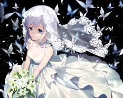 Rule 34 | 1girl, achiki, animal, bare shoulders, blue eyes, bouquet, breasts, bridal veil, bug, butterfly, commentary request, dress, flower, hair between eyes, holding, holding bouquet, insect, medium breasts, original, parted lips, purple hair, see-through, sleeveless, sleeveless dress, solo, v arms, veil, wedding dress, white dress, white flower