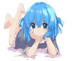 Rule 34 | 1girl, :t, absurdres, aoi tori, blue eyes, blue hair, blush, feet, female focus, frills, head rest, highres, lying, medium hair, nightgown, on bed, on stomach, original, pout, short sleeves, simple background, solo, the pose, two side up, white background