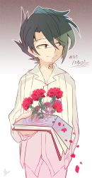 Rule 34 | 1boy, 728ret, bad id, bad twitter id, black hair, book, closed mouth, flower, gradient background, grey eyes, hair over one eye, holding, holding book, long sleeves, looking to the side, male focus, neck tattoo, number tattoo, open book, petals, ray (yakusoku no neverland), red flower, shirt, short hair, signature, simple background, smile, solo, standing, tattoo, white shirt, yakusoku no neverland