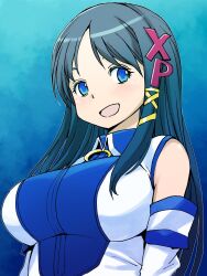 Rule 34 | 1girl, :d, black hair, blue eyes, blue shirt, breasts, collared shirt, detached sleeves, eyelashes, hair ornament, highres, large breasts, letter hair ornament, long hair, muramasa mikado, open mouth, os-tan, outline, parted bangs, shirt, smile, solo, straight hair, two-tone shirt, upper body, white outline, white shirt, white sleeves, xp-tan