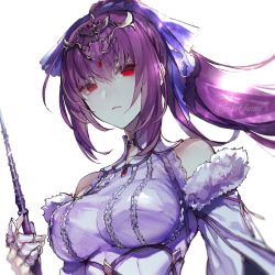 Rule 34 | 1girl, artist name, bad id, bad twitter id, breasts, dress, expressionless, fate/grand order, fate (series), fur-trimmed dress, fur trim, hair between eyes, headpiece, holding, holding wand, jinkei, large breasts, looking at viewer, purple dress, purple hair, purple ribbon, red eyes, ribbon, scathach (fate), scathach skadi (fate), scathach skadi (third ascension) (fate), solo, tiara, wand