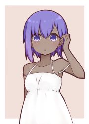 Rule 34 | 1girl, :o, arm behind back, arm up, armpits, bare arms, bare shoulders, beige background, blush, collarbone, dark-skinned female, dark skin, dress, fate/prototype, fate/prototype: fragments of blue and silver, fate (series), tucking hair, halter dress, halterneck, hassan of serenity (fate), i.u.y, looking at viewer, outside border, parted lips, purple eyes, purple hair, short hair, simple background, sleeveless, sleeveless dress, solo, spaghetti strap, sundress, tareme, upper body, white dress