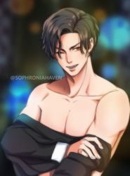 Rule 34 | 1boy, artist name, black hair, black shirt, blurry, blurry background, fang, highres, lucifer (obey me!), male focus, obey me!: one master to rule them all!, one eye closed, pectorals, red eyes, shirt, smile, solo, sophroniahaven, twitter username, undressing