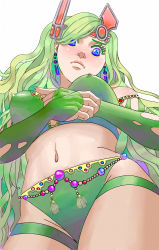 Rule 34 | 1990s (style), 1girl, breasts, covered erect nipples, final fantasy, final fantasy iv, final fantasy iv: the after years, green hair, highres, jewelry, long hair, lots of jewelry, midriff, navel, rydia (ff4), solo