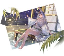 Rule 34 | 1girl, absurdres, animal ears, bare legs, barefoot, blunt bangs, breasts, cleavage, collarbone, full body, full moon, granblue fantasy, hair ornament, hand fan, highres, huge filesize, japanese clothes, kaguya (granblue fantasy), kimono, large breasts, light purple hair, long hair, looking at viewer, moon, night, night sky, occa-key, open mouth, paper fan, rabbit ears, red eyes, see-through, short kimono, short yukata, sitting, sky, solo, star (sky), starry sky, yukata
