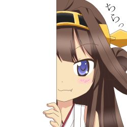 Rule 34 | &gt;:3, 10s, 1girl, :3, brown eyes, brown hair, fang, fang out, hair bun, kantai collection, kongou (kancolle), long hair, looking at viewer, nagineko, nontraditional miko, peeking out, single hair bun, solo, translation request, transparent background, v-shaped eyebrows