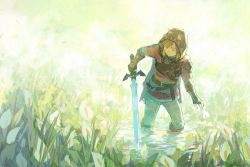 Rule 34 | 1boy, blonde hair, boots, brown gloves, closed mouth, day, fingerless gloves, flower, gloves, holding, holding sword, holding weapon, hood, hood up, hylian set (zelda), leaf, lingcod dayu, link, male focus, master sword, nintendo, outdoors, pants, partially submerged, solo, sword, the legend of zelda, the legend of zelda: breath of the wild, tunic, water, weapon, white flower