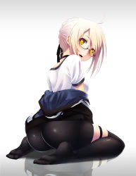 Rule 34 | 1girl, ahoge, artoria pendragon (all), artoria pendragon (fate), ass, bike shorts, black-framed eyewear, black ribbon, black thighhighs, blonde hair, braid, breasts, clothes pull, fate/grand order, fate (series), french braid, from behind, full body, glasses, gym uniform, hair ribbon, jacket, jacket pull, koko (koko3), looking at viewer, looking back, medium breasts, mysterious heroine x alter (fate), mysterious heroine x alter (second ascension) (fate), open mouth, reflection, reflective floor, ribbon, saber (fate), semi-rimless eyewear, shirt, short hair with long locks, short sleeves, sidelocks, sitting, soles, solo, thigh strap, thighhighs, under-rim eyewear, wariza, white shirt, yellow eyes