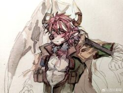 Rule 34 | 1boy, absurdres, animal ears, arknights, bai chuan ye ye, bara, chest tuft, cow boy, cow ears, cow horns, dog tags, furrification, furry, highres, holding, holding scythe, horns, humus (arknights), light smile, looking at viewer, male focus, minotaur, multicolored hair, nib pen (medium), over shoulder, painting (medium), pectoral cleavage, pectorals, photoshop (medium), red hair, scythe, short hair, solo, streaked hair, thick eyebrows, toned, toned male, traditional media, unfinished, upper body, weapon, weapon over shoulder