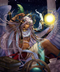 Rule 34 | 1boy, abs, armlet, book, book stack, bracelet, clenched hand, column, dark-skinned male, dark skin, egyptian mythology, feathers, globe, hair ornament, headpiece, highres, jewelry, kisn152, long hair, male focus, muscular, neck ring, night, night sky, pillar, ring, scarf, scroll, shingoku no valhalla gate, sitting, sky, smile, thoth (mythology), wings, yellow eyes