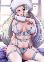 Rule 34 | 1girl, absurdres, asymmetrical hair, bare shoulders, bed sheet, blue eyes, blue panties, blush, bra, breasts, cowboy shot, creatures (company), curvy, detached sleeves, earrings, evomanaphy, fur collar, game freak, garter belt, garter straps, hat, heart, highres, indoors, jewelry, large breasts, lingerie, lips, long hair, looking at viewer, mature female, melony (pokemon), multicolored hair, nail polish, nintendo, panties, parted lips, pearl earrings, plump, pokemon, pokemon swsh, purple hair, shiny skin, sitting, solo, thighhighs, two-tone hair, underwear, white hair, white hat, white thighhighs, window