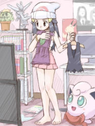 Rule 34 | 00s, 1girl, barefoot, beanie, blue hair, cacnea, clothes, clothes hanger, clothes in front, covering privates, creatures (company), dawn (pokemon), feet, game freak, gen 1 pokemon, gen 3 pokemon, hat, holding, holding clothes, indoors, jigglypuff, latias, latios, legendary pokemon, legs, lowres, mimolette (mimo), nintendo, pikachu, plant, pokemon, pokemon (creature), purrin, standing