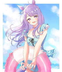 Rule 34 | 1girl, :d, animal ears, bare arms, blue one-piece swimsuit, blush, bow, breasts, casual one-piece swimsuit, collarbone, commentary request, day, ear ribbon, floating hair, frilled swimsuit, frills, green ribbon, ha (hura76752775), highres, horse ears, horse girl, horse tail, innertube, long hair, looking at viewer, mejiro mcqueen (umamusume), one-piece swimsuit, open mouth, purple eyes, purple hair, ribbon, small breasts, smile, solo, swim ring, swimsuit, tail, umamusume, very long hair