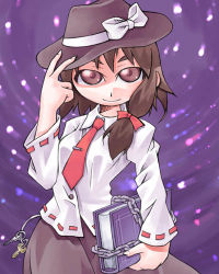 Rule 34 | 1girl, book, bow, brown eyes, brown hair, chain, chained, chain, female focus, ghostly field club, hat, key, charm (object), lowres, necktie, nyagakiya, shirt, skirt, solo, touhou, usami renko