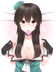 Rule 34 | 10s, 1girl, bare shoulders, beret, black gloves, blush, breasts, breasts squeezed together, brown hair, choukai (kancolle), condom, condom in mouth, condom wrapper, convenient censoring, eyebrows, glasses, gloves, green hat, green vest, hair censor, hat, heart, heart-shaped pupils, highres, kantai collection, large breasts, long hair, looking at viewer, mini hat, mouth hold, neckerchief, no bra, red eyes, rimless eyewear, sleeveless, smile, solo, symbol-shaped pupils, tareme, undressing, upper body, vest, yukichi (sukiyaki39)