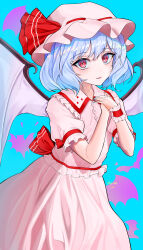 Rule 34 | 1girl, absurdres, ascot, bat wings, blue background, blue hair, collared shirt, dress, fingernails, frilled shirt collar, frilled sleeves, frills, hat, hat ribbon, highres, looking at viewer, mob cap, nyarocks, own hands together, puffy short sleeves, puffy sleeves, red ascot, red eyes, red ribbon, remilia scarlet, ribbon, shirt, short hair, short sleeves, simple background, smile, solo, touhou, white dress, white hat, white shirt, wings, wrist cuffs