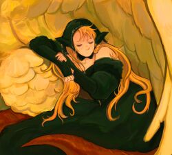 Rule 34 | 2girls, absurdres, bare shoulders, black dress, blonde hair, closed eyes, detached sleeves, dress, dungeon meshi, ear covers, elf, falin touden, falin touden (chimera), feathered wings, feathers, highres, long hair, marcille donato, marcille donato (lord), monster girl, multiple girls, neganjokes, pointy ears, sleeping, wings
