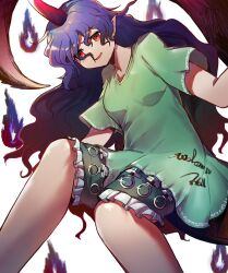 Rule 34 | 1girl, absurdres, breasts, clothes writing, feet out of frame, green shirt, green shorts, highres, horns, long hair, open mouth, pointy ears, purple hair, red eyes, red horns, shirt, shishui guima, short sleeves, shorts, simple background, single horn, small breasts, solo, tail, tenkajin chiyari, touhou, unfinished dream of all living ghost, white background
