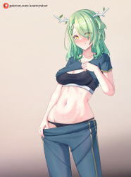 Rule 34 | 1girl, abs, absurdres, antlers, azurecruiser, blush, braid, braided bangs, branch, breasts, ceres fauna, cleavage, clothes lift, clothes pull, collarbone, commentary, embarrassed, english commentary, exercising, gradient background, green hair, highres, hololive, hololive english, horns, looking at viewer, medium breasts, navel, nervous smile, pants, pants pull, patreon logo, patreon username, shirt, shirt lift, simple background, smile, solo, sports bra, stomach, sweat, t-shirt, underwear, virtual youtuber, workout clothes, yellow eyes