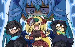 Rule 34 | &gt; &lt;, 4girls, :d, belt, bird girl, bird tail, bird wings, black hair, black sweater, blonde hair, blue eyes, blue hair, blush, blush stickers, bow, breasts, chibi, crop top, gloom (expression), greater bird-of-paradise (kemono friends), green hair, head wings, kemono friends, kemono friends 3, light blue hair, long hair, medium breasts, midriff, multicolored hair, multiple girls, navel, nervous, open mouth, pink thighhighs, red shirt, red skirt, scared, seiryuu (kemono friends), shirt, skirt, smile, srd (srdsrd01), superb bird-of-paradise (kemono friends), sweater, tail, thighhighs, trembling, v-shaped eyebrows, western parotia (kemono friends), wide-eyed, wings, xd