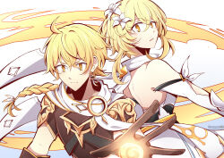Rule 34 | 1boy, 1girl, absurdres, aether (genshin impact), ahoge, arm armor, arm up, armor, artist name, bare back, bare shoulders, blonde hair, braid, brother and sister, brown gloves, brown shirt, closed mouth, commentary, detached sleeves, dreamerrii, dress, earrings, english commentary, feather hair ornament, feathers, flower, genshin impact, gloves, gold trim, hair between eyes, hair flower, hair ornament, hair ribbon, highres, jewelry, long hair, long sleeves, looking at viewer, lumine (genshin impact), open mouth, ribbon, scarf, shirt, short hair, short sleeves, shoulder armor, siblings, sidelocks, simple background, single earring, standing, white background, white dress, white flower, white ribbon, white scarf, yellow eyes