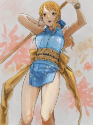 Rule 34 | bare legs, bare shoulders, blue kimono, bow, chest tattoo, clima-tact, earrings, floral print, hair between eyes, hair bow, hair ornament, hair pulled back, hair ribbon, hairclip, highres, japanese clothes, jewelry, kimono, legs, long hair, looking away, nami (one piece), obi, official alternate costume, one piece, orange eyes, orange hair, parted bangs, ponytail, print kimono, ribbon, sash, short kimono, sleeveless, sleeveless kimono, solo, tattoo, thighs, urasanmyaku