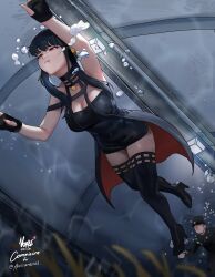 Rule 34 | air bubble, armpits, black hair, boots, breasts, bubble, cape, chasing, cleavage, dress, earrings, female focus, fingerless gloves, floral print, gloves, hairband, high heels, holding breath, jewelry, puff of air, red eyes, seaweed, sidelocks, spy x family, swimming, thighhighs, thighs, underwater, yor briar