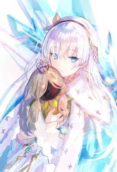 Rule 34 | 1girl, anastasia (fate), black hairband, blue cape, blue eyes, cape, crown, doll, fate/grand order, fate (series), fuzichoco, hair rollers, hairband, highres, holding, holding doll, long hair, looking at viewer, mini crown, silver hair, solo, upper body