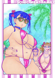 Rule 34 | 3girls, areola slip, beads, belly, bikini, black hair, blonde hair, blue eyes, bow, breasts, breasts out, brown eyes, cleavage, fat, glasses, hair bow, huge breasts, long hair, looking at viewer, multiple girls, nail polish, nikuko (galko), open mouth, oshiete! galko-chan, pink nails, slingshot swimsuit, smile, suzuki ken&#039;ya, swimsuit, twintails, upper body, yellow eyes