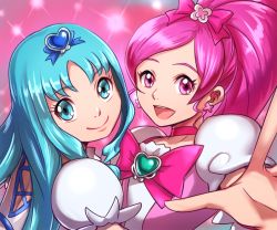 Rule 34 | 2girls, :d, blue hair, bow, brooch, choker, cure blossom, cure marine, earrings, hair bow, hair ornament, hanasaki tsubomi, heart, heart brooch, heart hair ornament, heartcatch precure!, high ponytail, jewelry, kurumi erika, long hair, looking at viewer, multiple girls, nyaasora, open mouth, outstretched arm, parted bangs, pink background, pink bow, pink eyes, pink hair, precure, short sleeves, smile, upper body