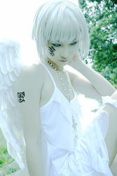 Rule 34 | 1boy, androgynous, angel, asian, cosplay, cosplay photo, cross, crossdressing, dress, facial mark, jewelry, lowres, makeup, male focus, necklace, original, pale skin, photo (medium), short hair, solo, tattoo, trap, white hair, white wings, wings