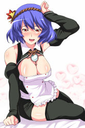Rule 34 | 1girl, :d, alternate costume, apron, bad id, bad pixiv id, blush, breasts, brooch, cleavage, cosplay, detached sleeves, dream c club, dream c club (series), enmaided, female focus, gem, heart, jewelry, km yama, large breasts, long sleeves, looking at viewer, maid, maid apron, mirror, open mouth, purple hair, red eyes, simple background, smile, solo, thighhighs, touhou, white background, yasaka kanako
