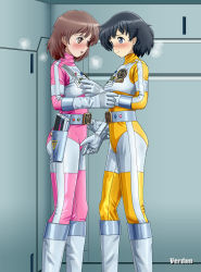 Rule 34 | 2girls, animification, artist name, belt, black hair, blue eyes, blush, bodysuit, boots, brown eyes, brown hair, choudenshi bioman, closed mouth, commentary request, gloves, hand on another&#039;s arm, hand on another&#039;s chest, helmet, highres, hikaru (bioman), looking at another, multiple girls, open mouth, short hair, skin tight, standing, super sentai, verdun (berudan), yellow 4, yuri