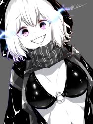 Rule 34 | 10s, 1girl, abyssal ship, colored skin, dutch angle, flaming eyes, grin, heart, heart-shaped pupils, hood, kantai collection, navel, o-ring, o-ring top, pink eyes, ra-yu, re-class battleship, scarf, smile, solo, striped clothes, striped scarf, symbol-shaped pupils, twitter username, upper body, white hair, white skin